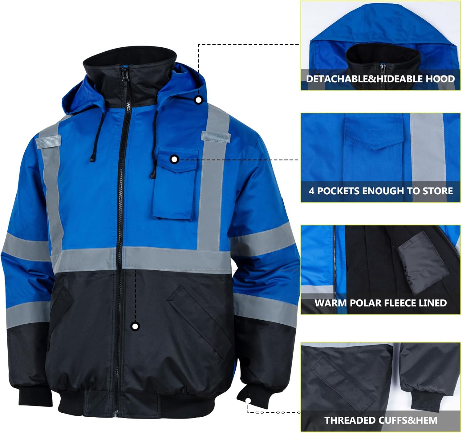 Chaquetas de seguridad reflectantes de alta visibilidad para hombre, forro polar ANSI Clase 1 Hi Vis, chaqueta de invierno con capucha (azul rey, XL)