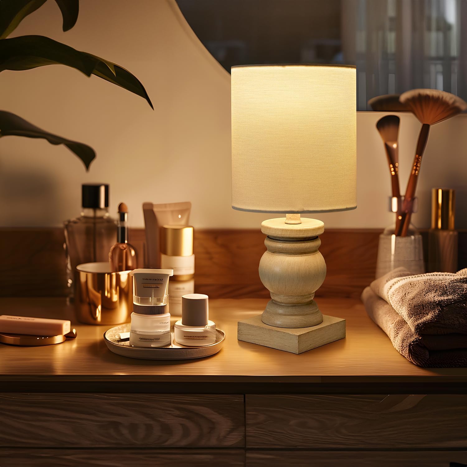 OYEARS Lámpara de mesa pequeña de 12 pulgadas para dormitorio, sala de estar, lámparas de noche simples y retro de grano de madera, adecuadas para