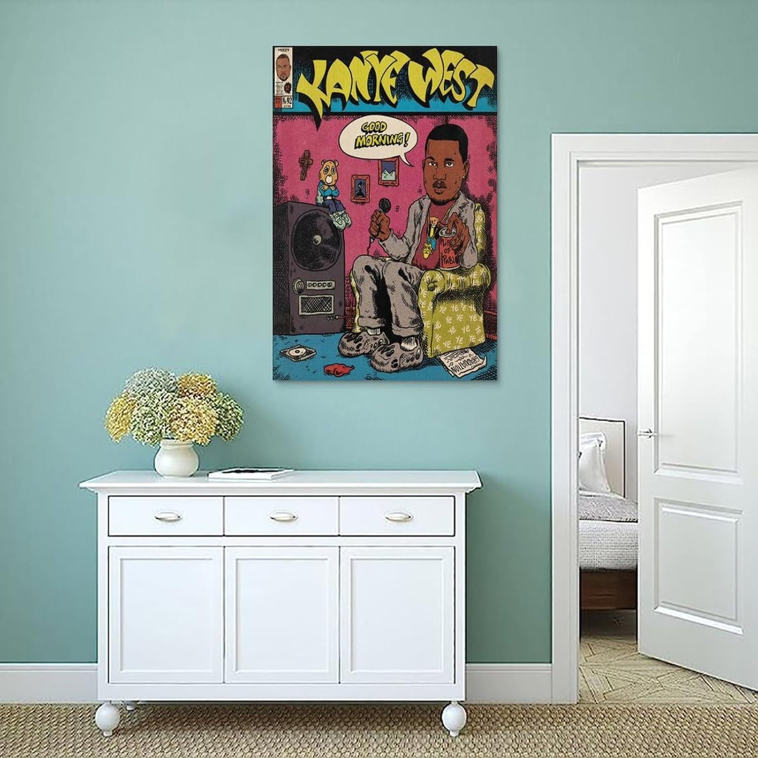 Kanye West – Póster artístico de cómics para dormitorio, lienzo estético, decoración de pared, 16 x 24 pulgadas (15.7 x 23.6 in)