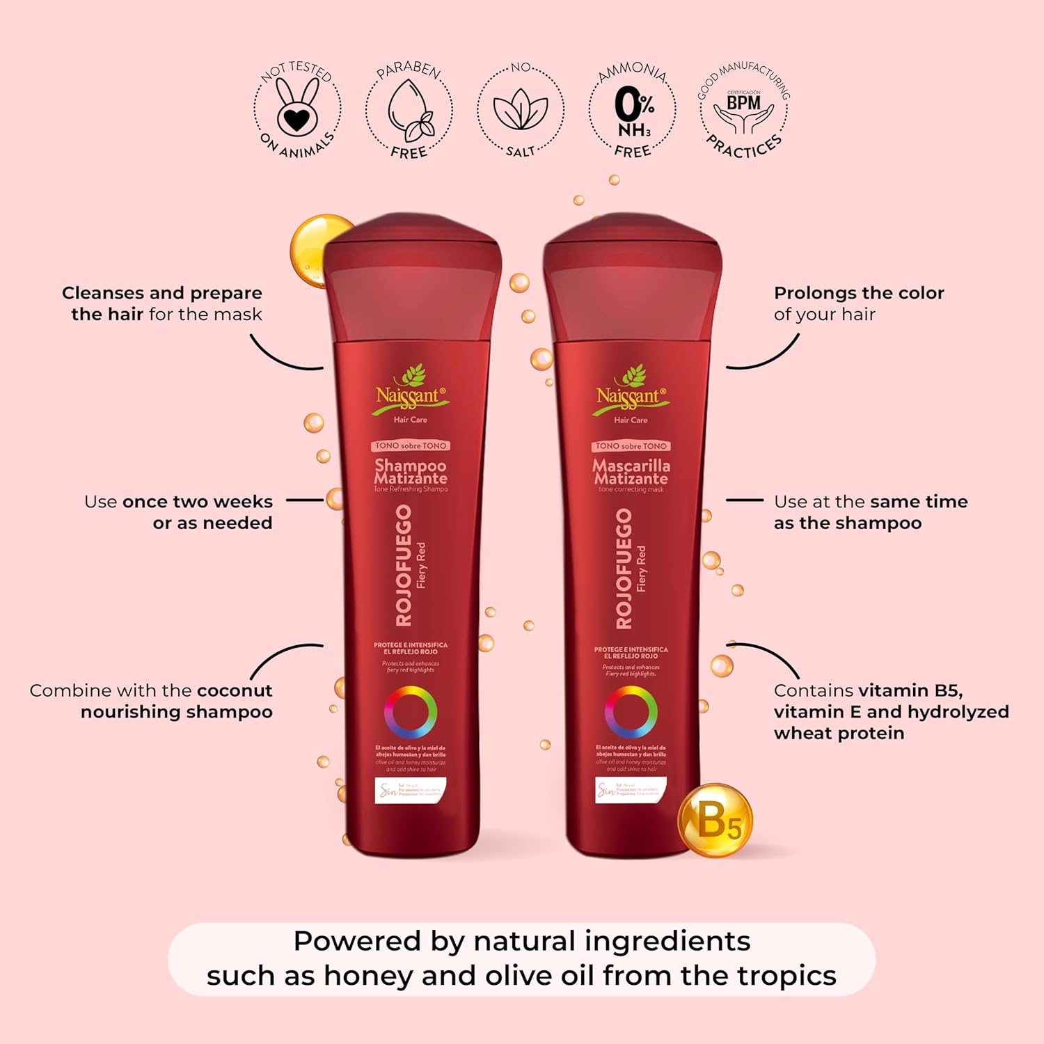 Naissant Mascarilla tonificante para cabello rojo profundo  Depósito de color  Hidrata, refresca y neutraliza los tonos cobrizos, sin parabenos,