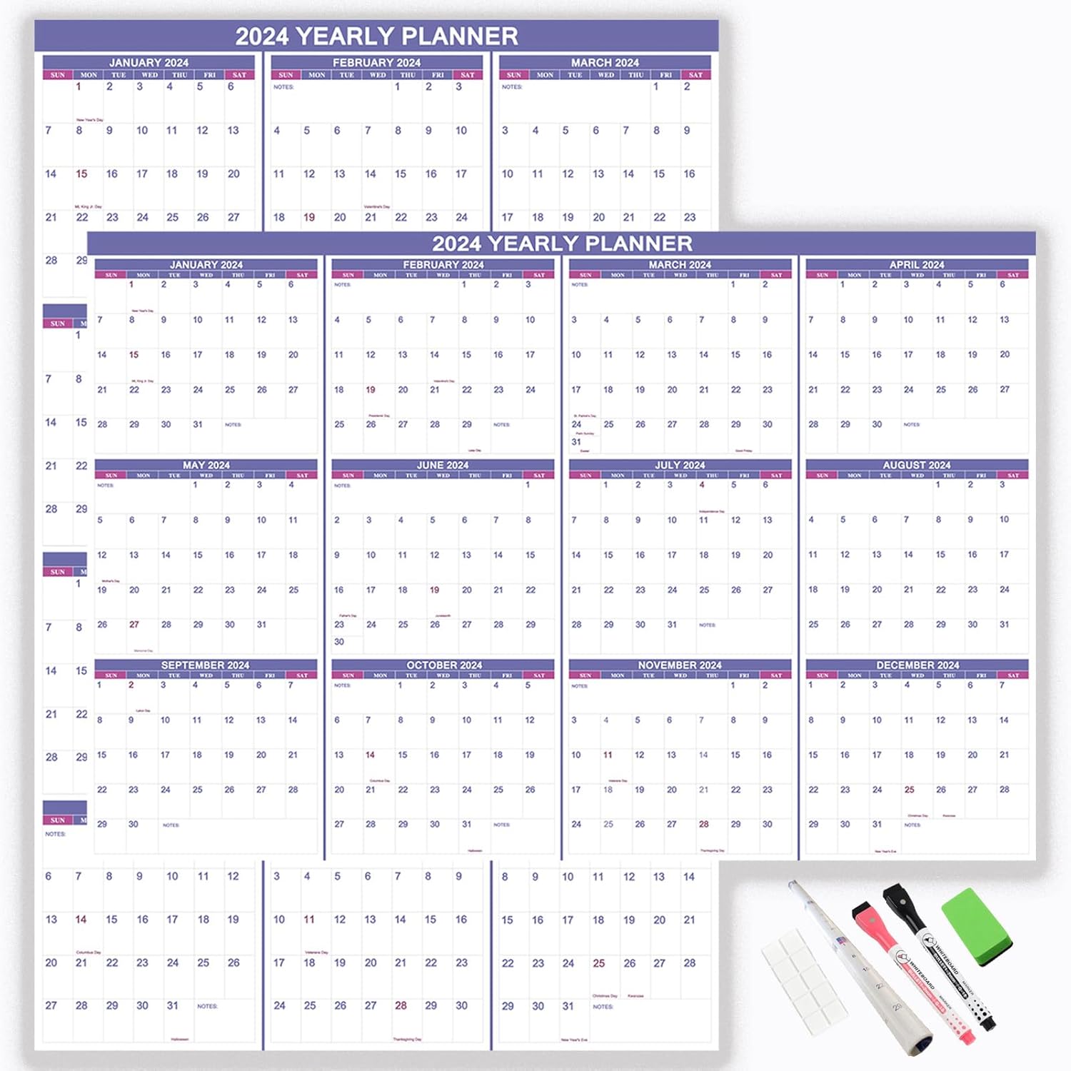 Calendario de pared 2024 borrable de 32 x 48 pulgadas, borrado en húmedo y seco, laminado de 12 meses, calendario anual anual de pared de 2 lados,