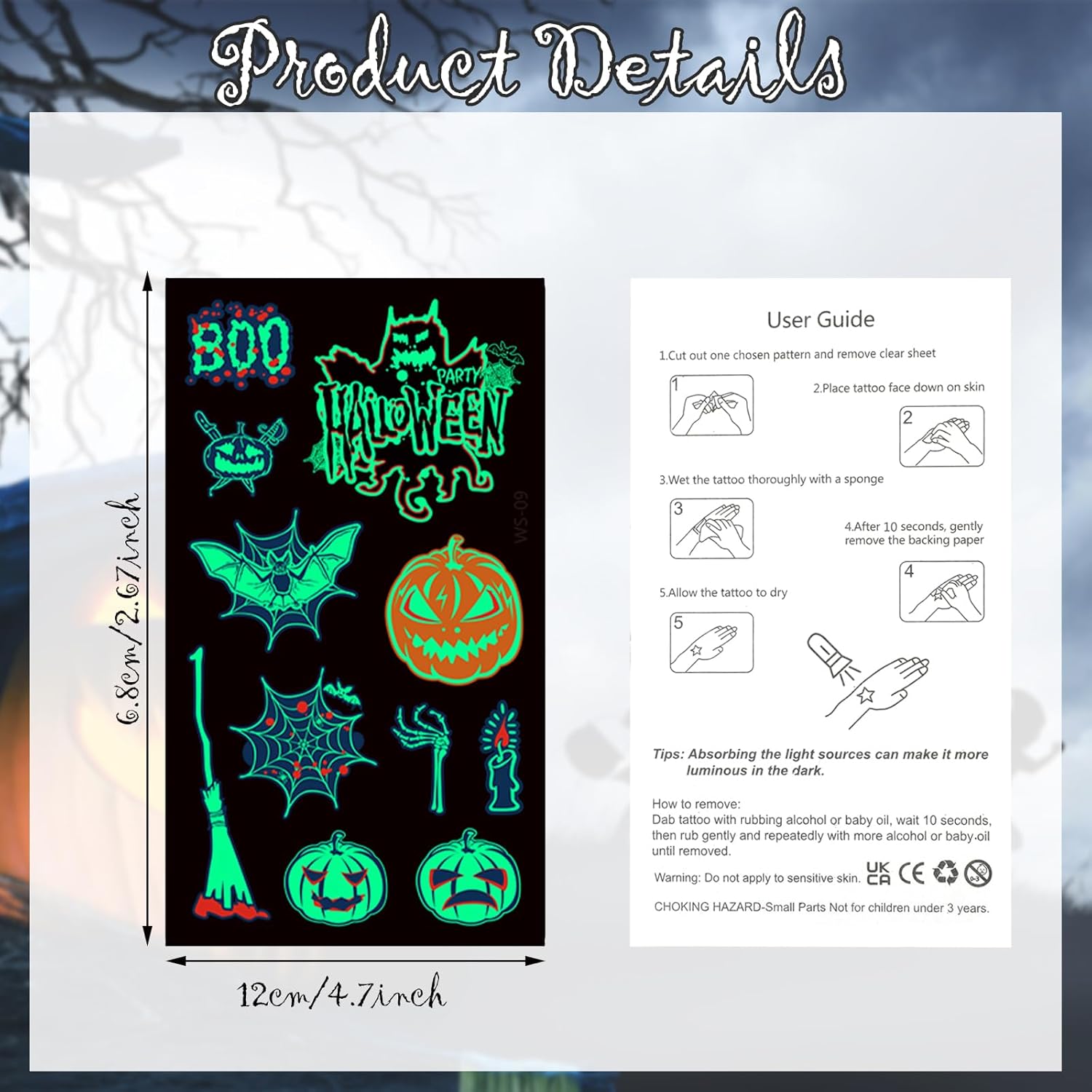 Konsait 20 hojas de tatuajes de Halloween para niños, tatuajes temporales que brillan en la oscuridad para niños, recuerdos de fiesta de Halloween,
