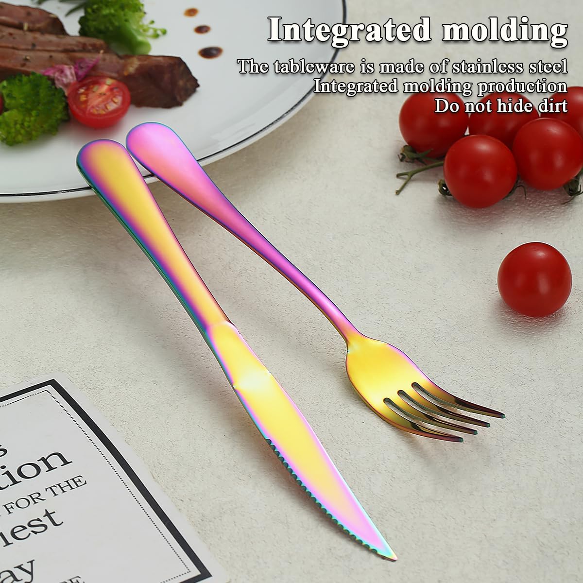 Evanda Rainbow – Juego de 24 cuchillos para carne, acero inoxidable chapado en titanio arcoíris, 12 tenedores y 12 cuchillos de cena, cuchillos para