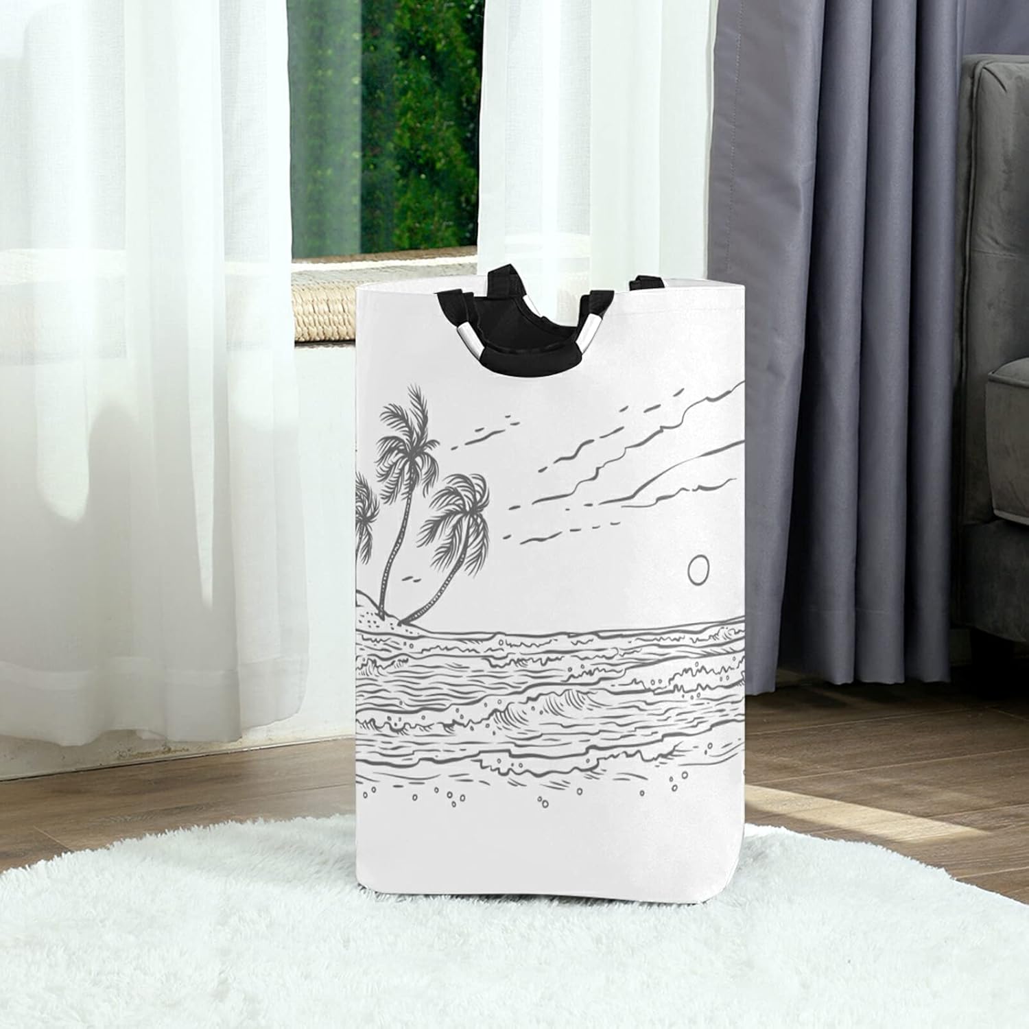 Cesto de lavandería con asa para dibujar en la costa de la playa, palmera de la playa, cestas de lavandería, cesta plegable para ropa sucia,