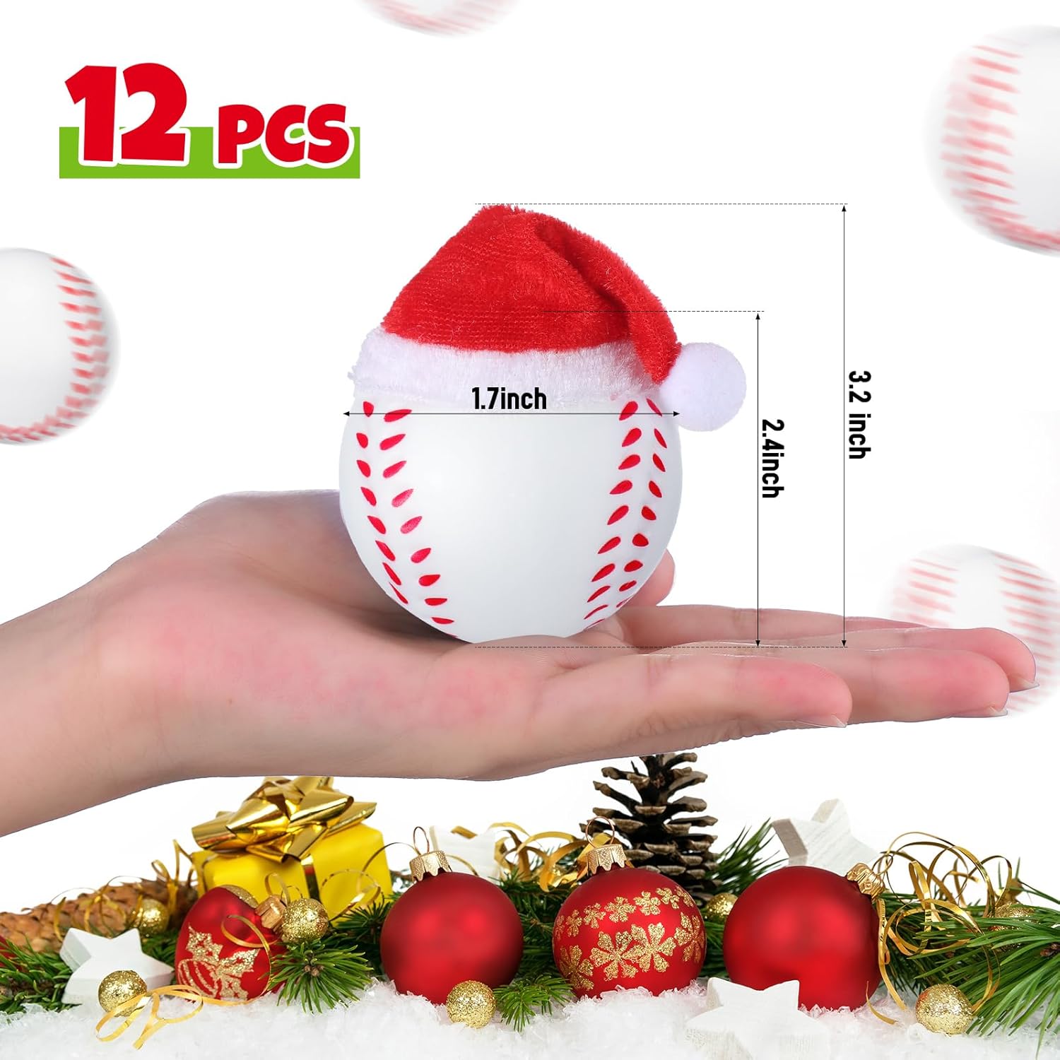 12 bolas deportivas de Navidad con sombrero de Papá Noel extraíble para adornos de árbol de Navidad, regalos de Navidad, decoración del hogar,