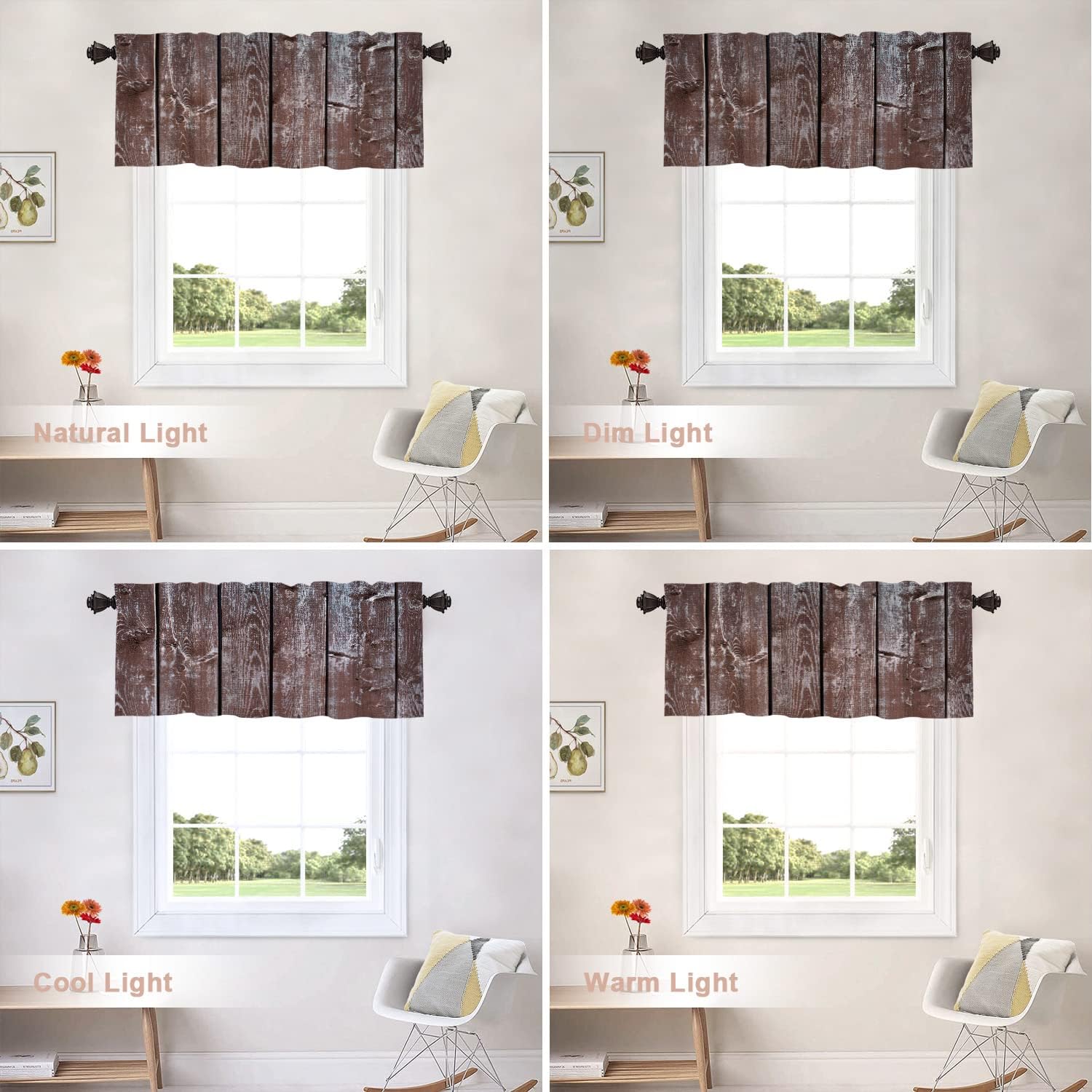 Shrahala Cenefas de cocina con textura de madera marrón, tablones de madera, cortina de media ventana de madera marrón, tratamiento de ventana,