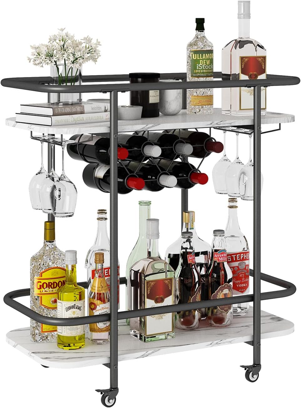 Benoss Black Home – Carrito de bar con ruedas, carrito de vino móvil con soporte para vidrio y estante para vino, moderno carrito de bebidas para