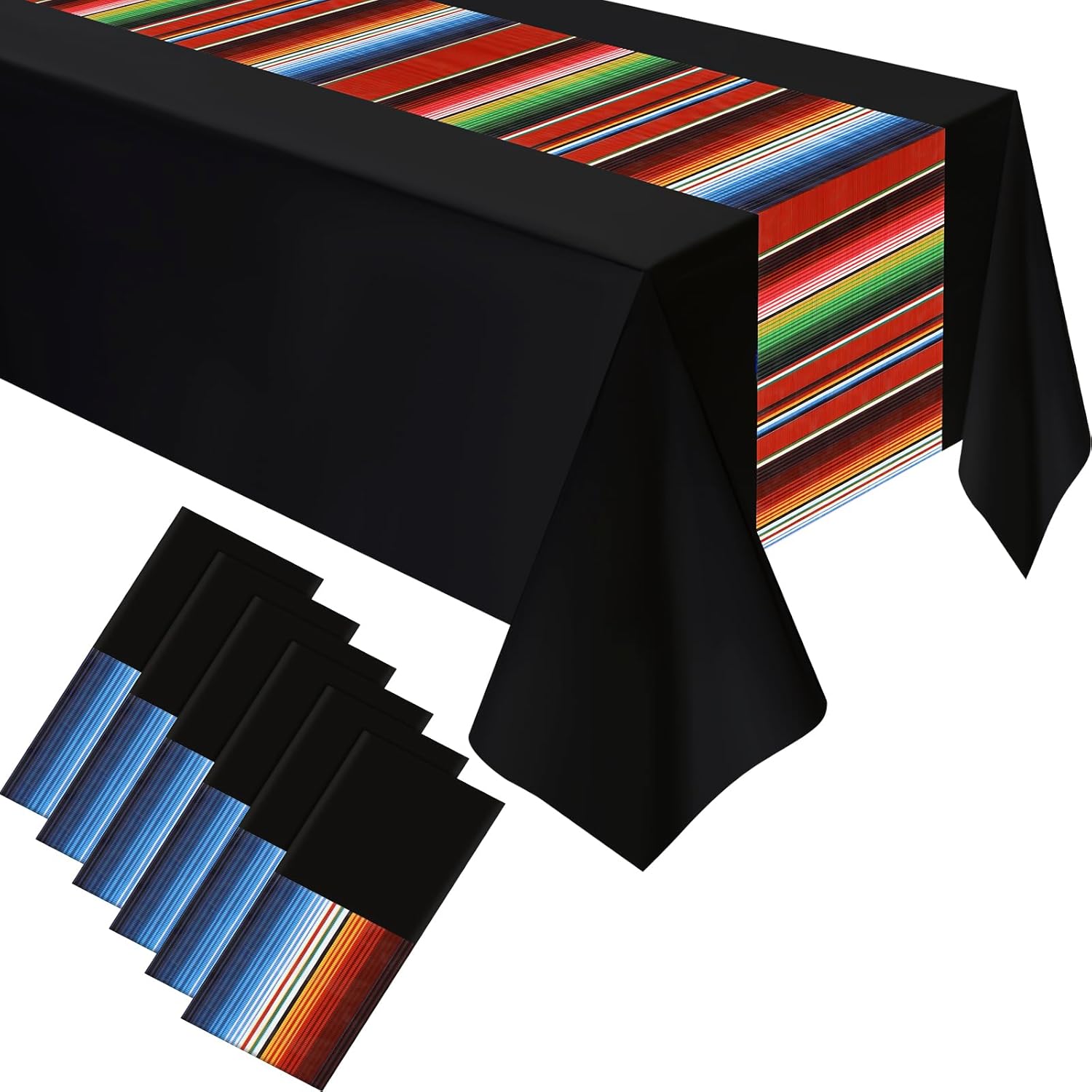 Mantel de fiesta mexicana de 54 x 108 pulgadas, mantel de plástico a rayas para decoración de fiesta mexicana (fondo negro, 6 unidades)