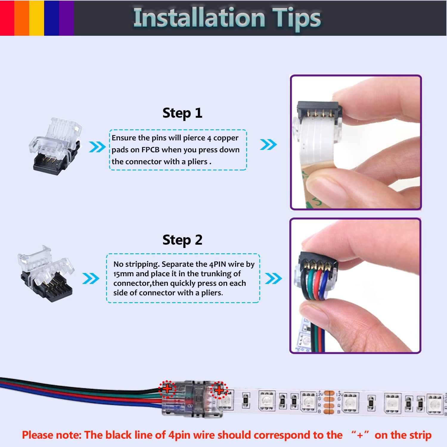 Paquete de 10 conectores LED sin soldadura para tira LED a cable, conexión rápida, con cable de extensión RGB de 4 pines 22 AWG de 32.8 pies