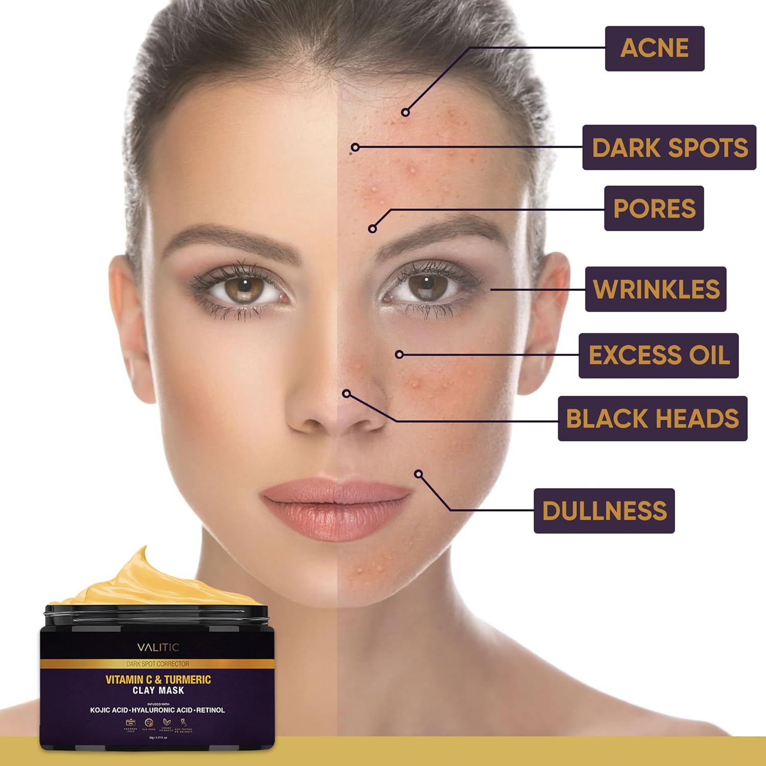 VALITIC Máscara de vitamina C y arcilla de cúrcuma, corrector de manchas oscuras con ácido kójico, ácido hialurónico y retinol, rutina de cuidado de
