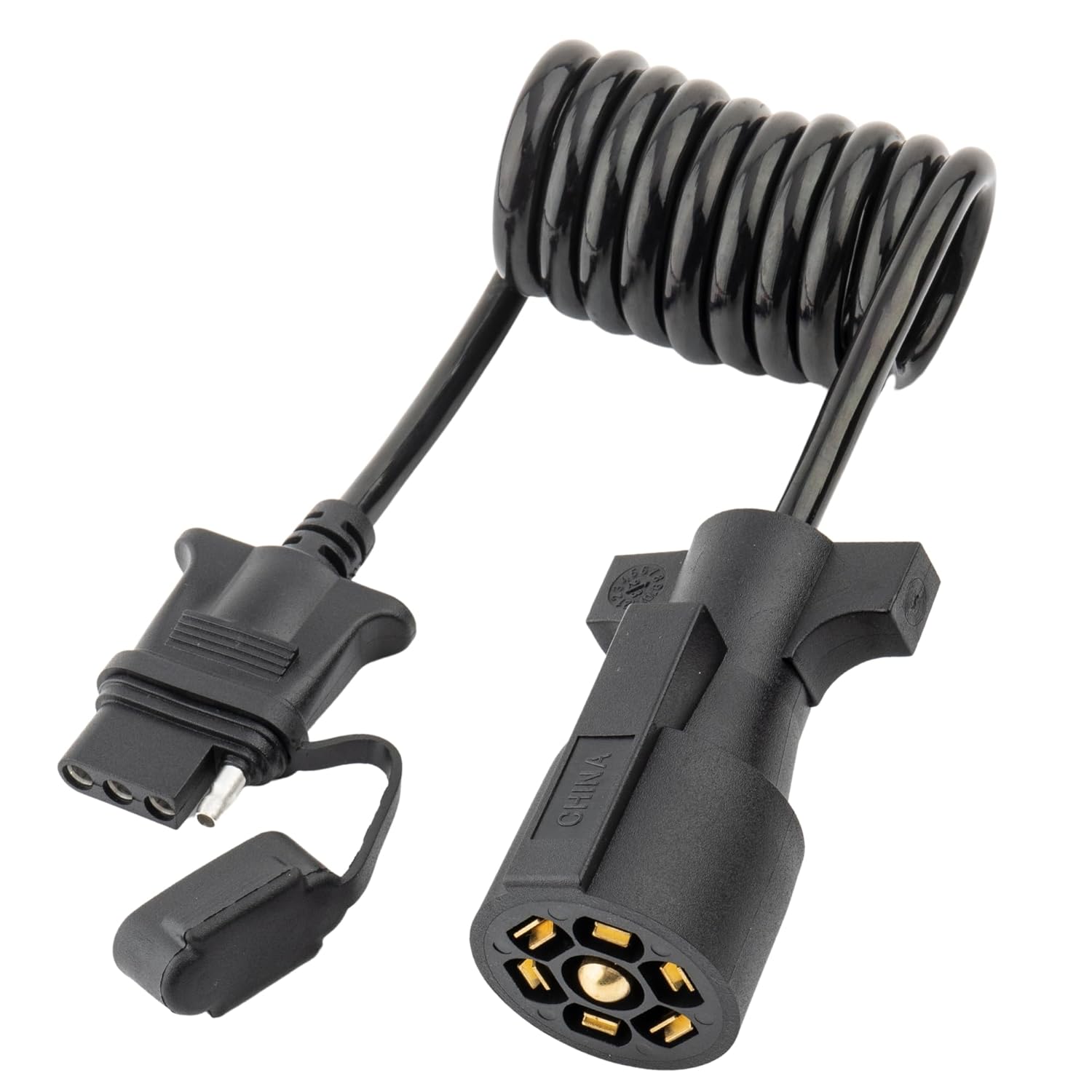 MECMO Adaptador de remolque plano de 7 vías a 4 vías, arnés de cableado en espiral macho de 5 pies de 7 pines a 4 pines, cable de extensión de
