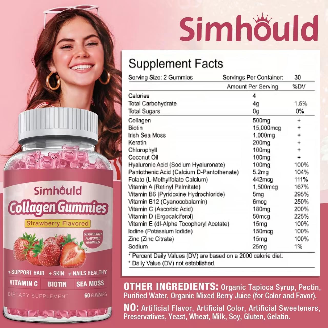 Gomitas de colágeno veganas para mujeres, antienvejecimiento, piel, uñas capilares, colágeno tipos 1 y 3, biotina, musgo marino para hombres, sin