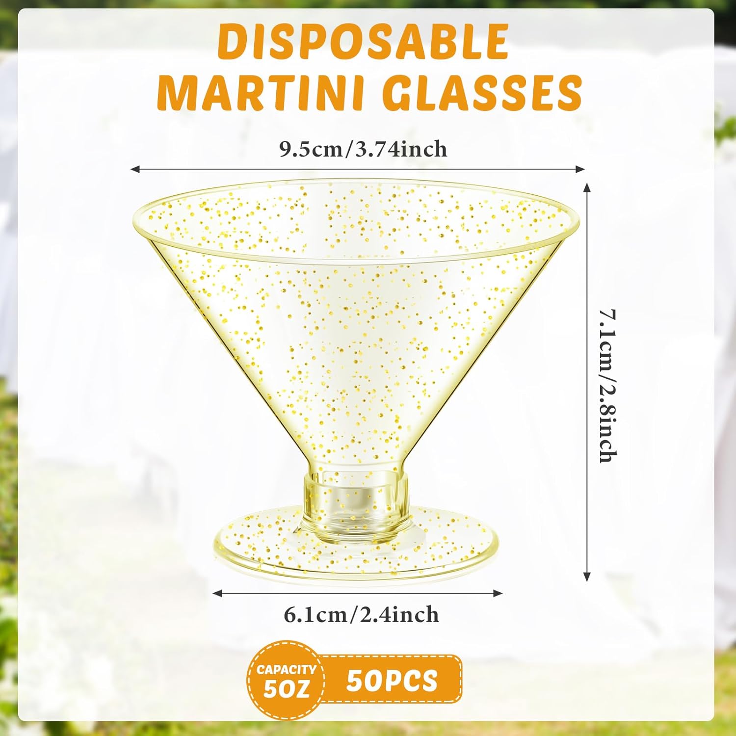 Yinkin Vasos de Martini de plástico de 5 onzas desechables con purpurina dorada, mini vasos de Martini irrompibles para postre de parfait para boda,