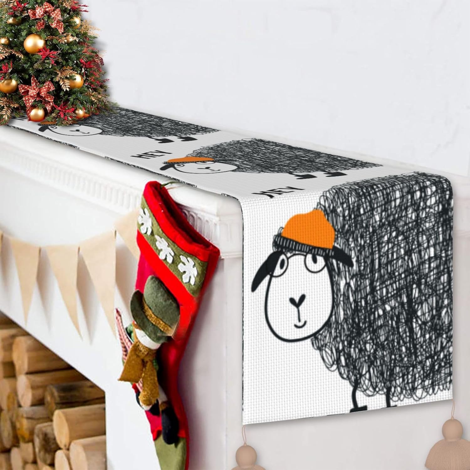 Corderos de animales con gafas, camino de mesa de Navidad, decoración de mesa de comedor, decoración de Navidad, decoración de interiores del hogar,