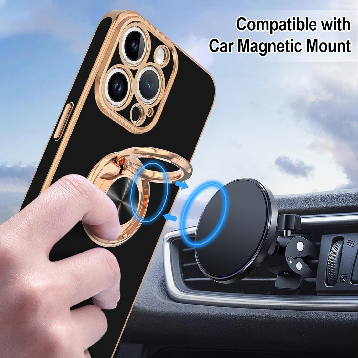 Hython Funda para iPhone 15 Pro con soporte de anillo, soporte de anillo giratorio de 360, soporte magnético, chapado en oro rosa, cubierta suave,