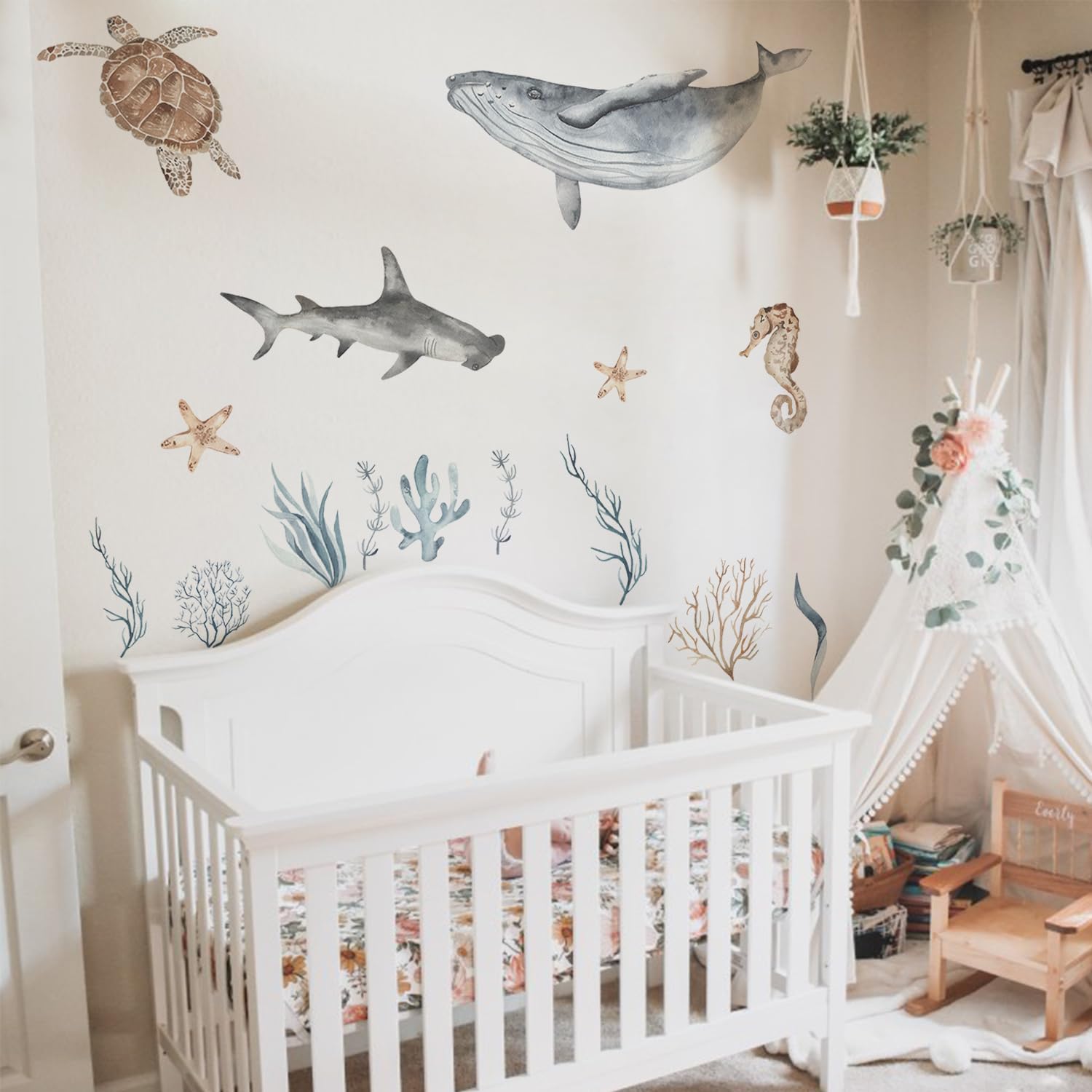 QUCHENG Calcomanías de pared de océano, animales marinos, para dormitorio, calcomanías grandes, removibles, decoración de ballena, guardería,