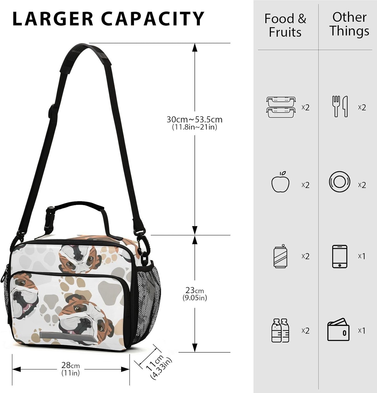 Bolsa de almuerzo para mujeres, con diseño de patas de perro, con aislamiento, bolsa de bulldog inglés con correa ajustable para el hombro, para
