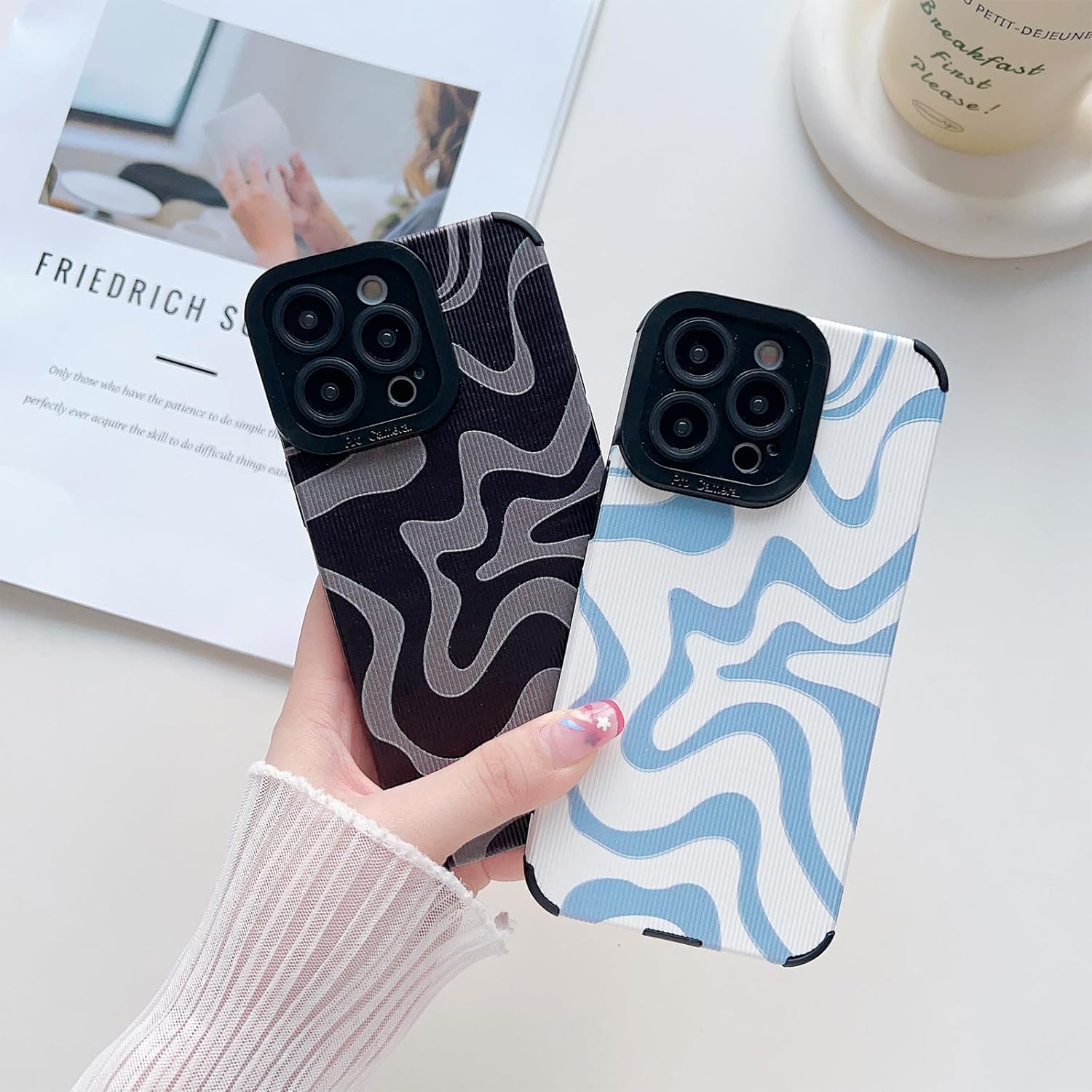 Diseñada para iPhone 13, funda de piel sintética suave TPU y bonito arte ondulado pintado para mujeres y hombres, compatible con iPhone (grisiPhone