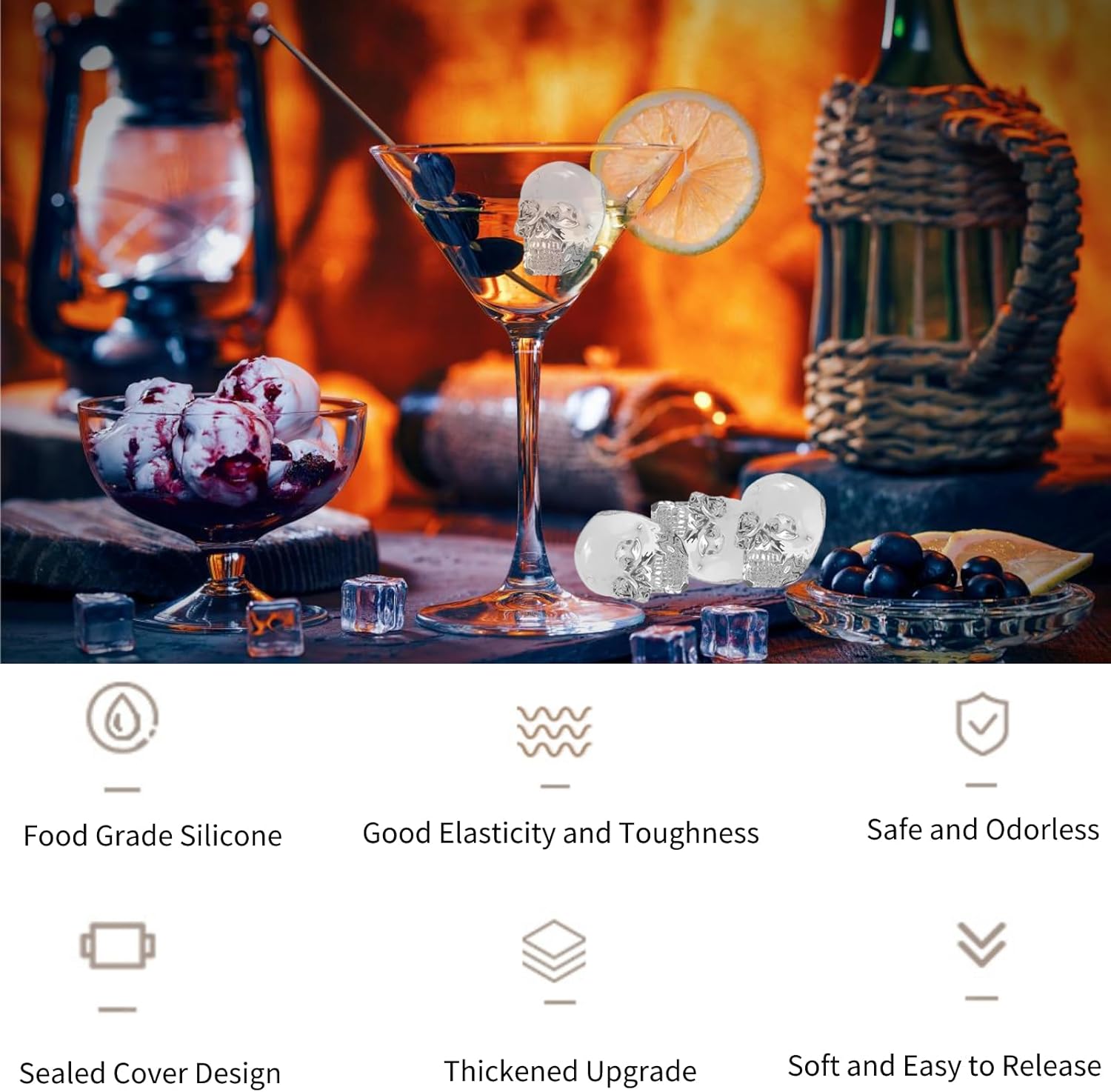 GHappiness Bandeja de silicona para cubitos de hielo, moldes de hielo de calavera con tapa para congelador, máquina de hielo de calavera 3D para