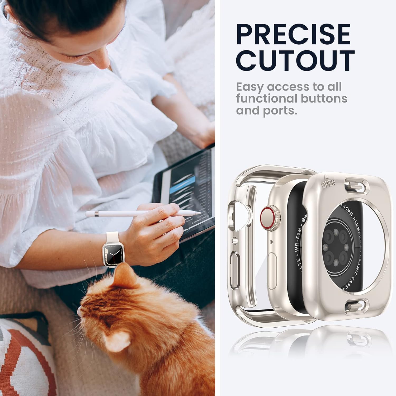 Tensea – Funda protectora de pantalla impermeable para Apple Watch (2 en 1) para Apple Watch Serie SE 7, 5, 4, accesorios de 45 mm, iWatch protector