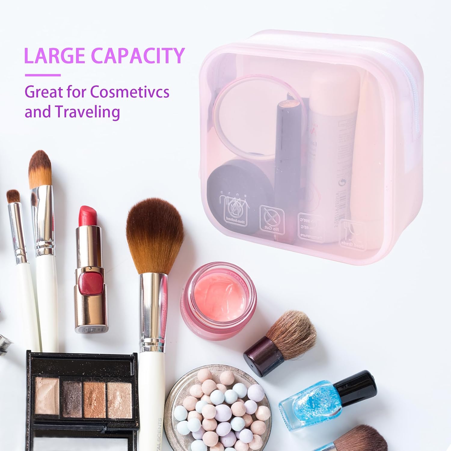 CEYAZYE Bolsas de maquillaje transparentes de silicona, bolsas de viaje portátiles para artículos de tocador, bolsa de aseo de viaje con