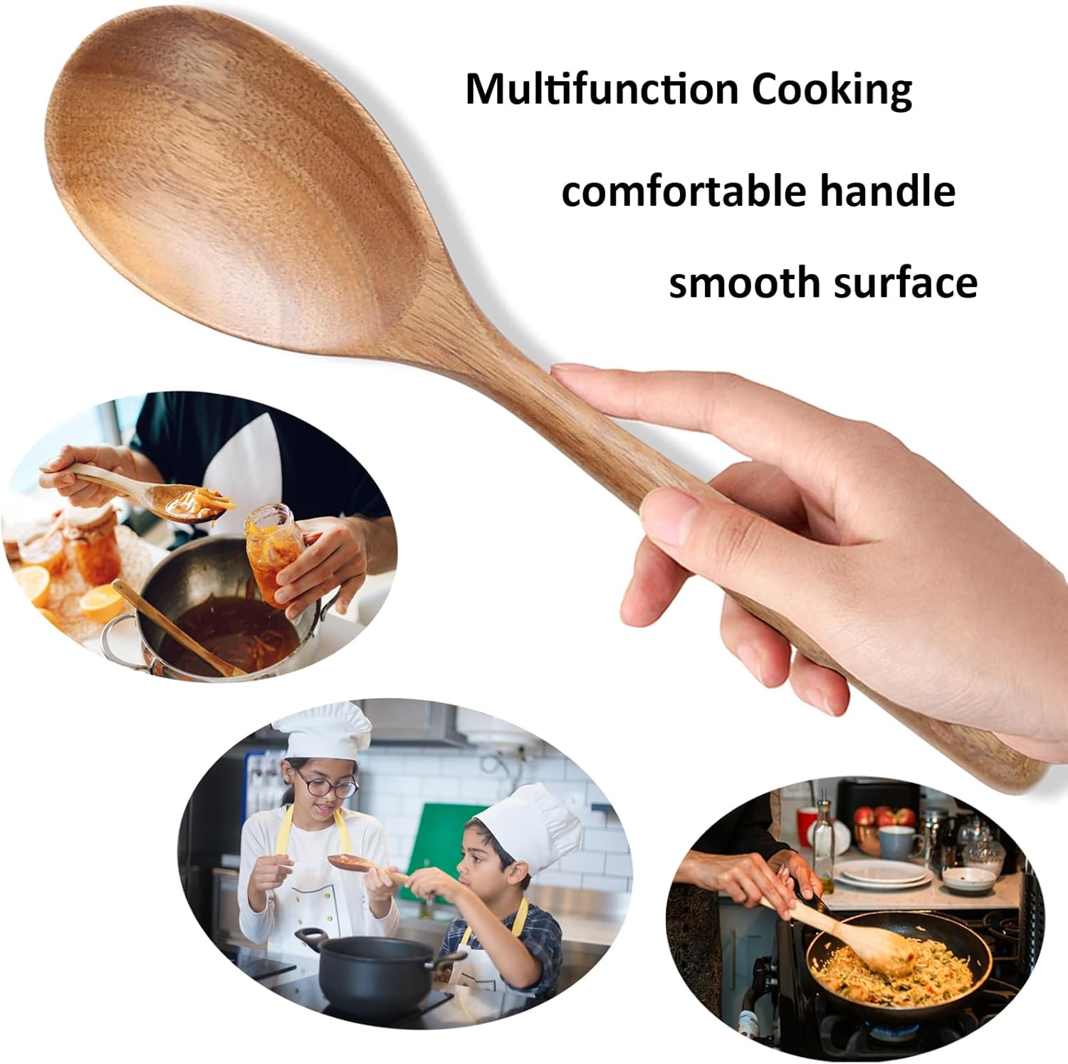 2 cucharas de madera de acacia para cocinar, cucharas de cocina de acabado liso de 12 pulgadas, cucharas de madera de agarre cómodo para cocinar,
