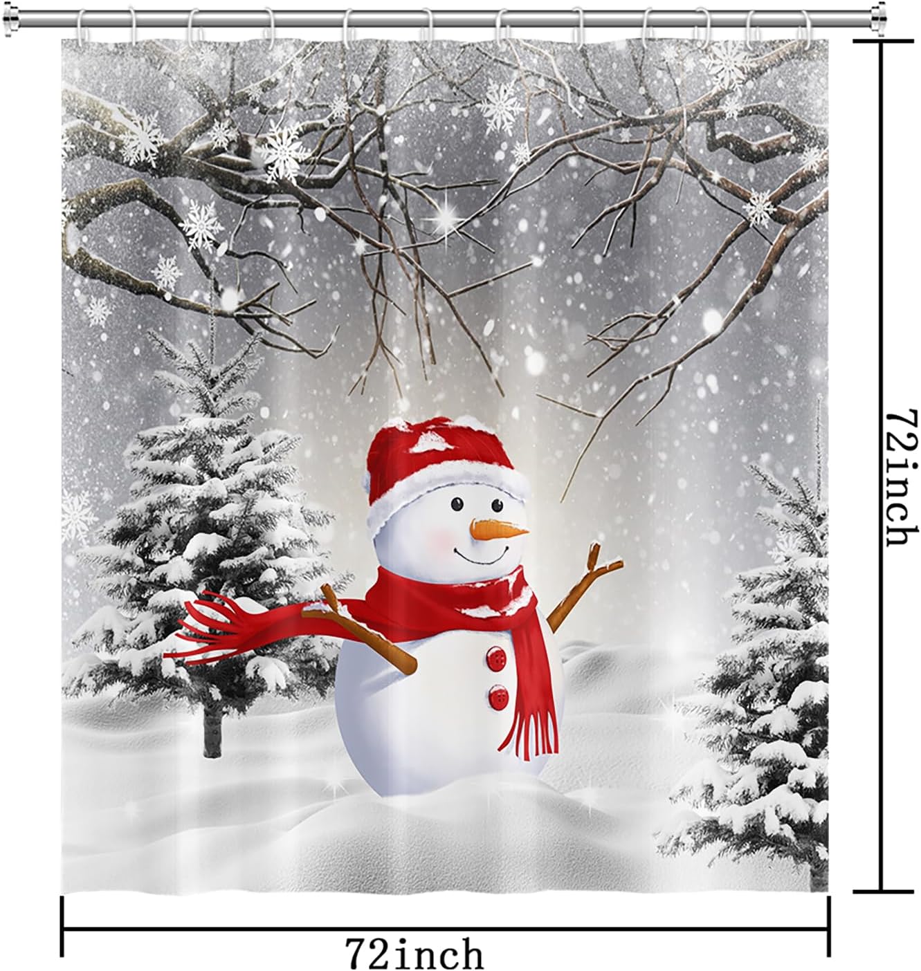 Cortina de ducha de invierno con muñeco de nieve para baño, árbol de pino de Navidad, copo de nieve en tablero de madera rústica, cortinas de ducha