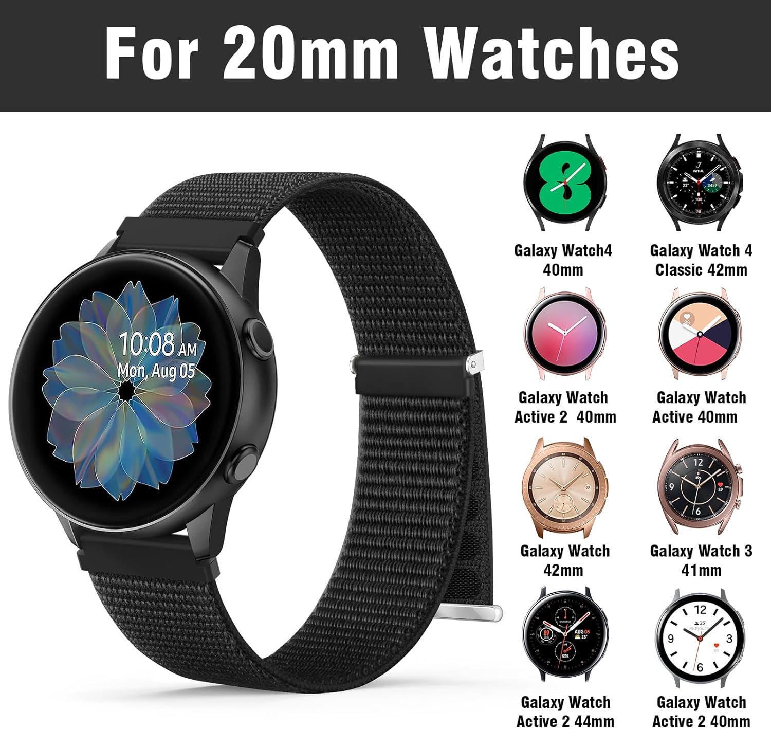 OHOTLOVE Correa de nailon de 0.78 pulgadas compatible con Samsung Galaxy Watch 654 de 1.575 pulgadas, 1.732 pulgadas, Galaxy Watch 5 Pro de 1.772