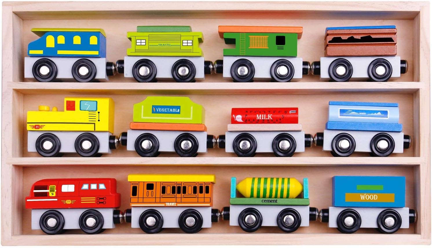 Pidoko Kids Juego de tren de madera  12 piezas de coches motores  Compatible con Thomas Train Set Tracks y las principales marcas  Juguete perfecto