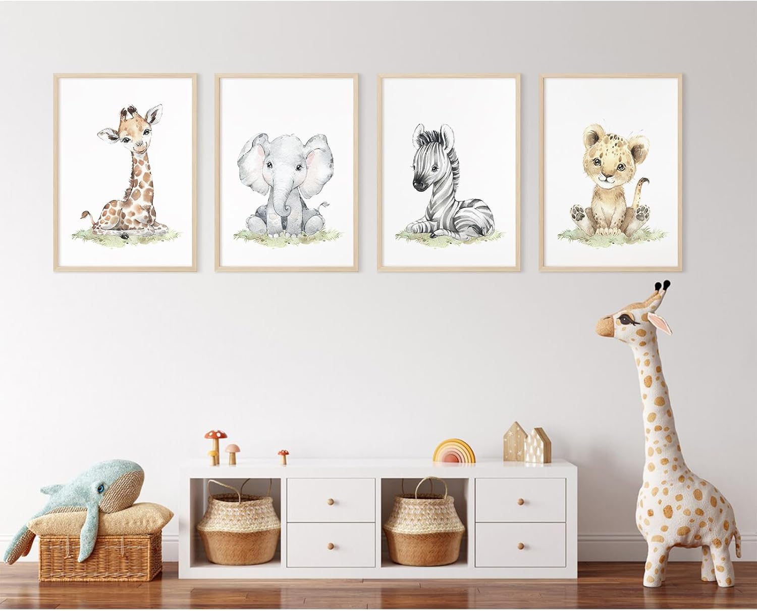 Arte de pared de safari para cuarto de bebé, lienzo de animales de bebé, decoración de pared de bosque y guardería, imágenes de animales de selva,
