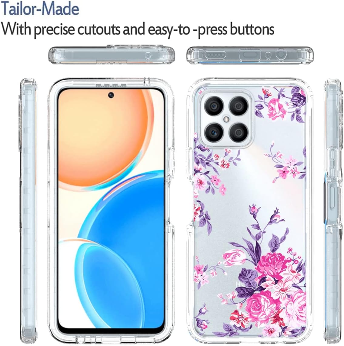 Vokuha Funda para Honor X8 (no compatible con X8 5G) TFY-LX1 TFY-LX2 con protector de pantalla de vidrio templado, funda protectora de TPU