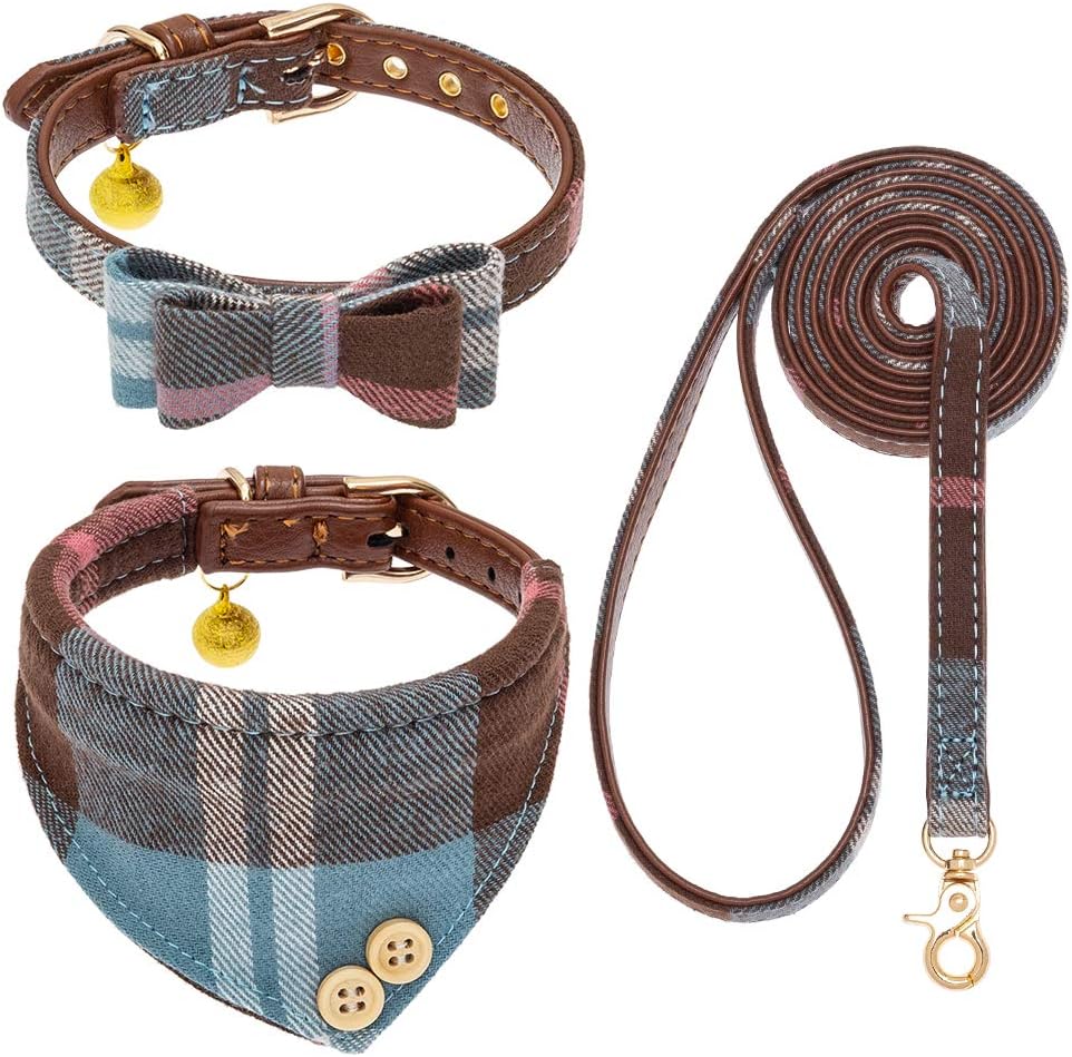EXPAWLORER Juego de collar y correa para perro, corbata clásica a cuadros y collar bandana para perro con campana, correa para perro sin enredos,