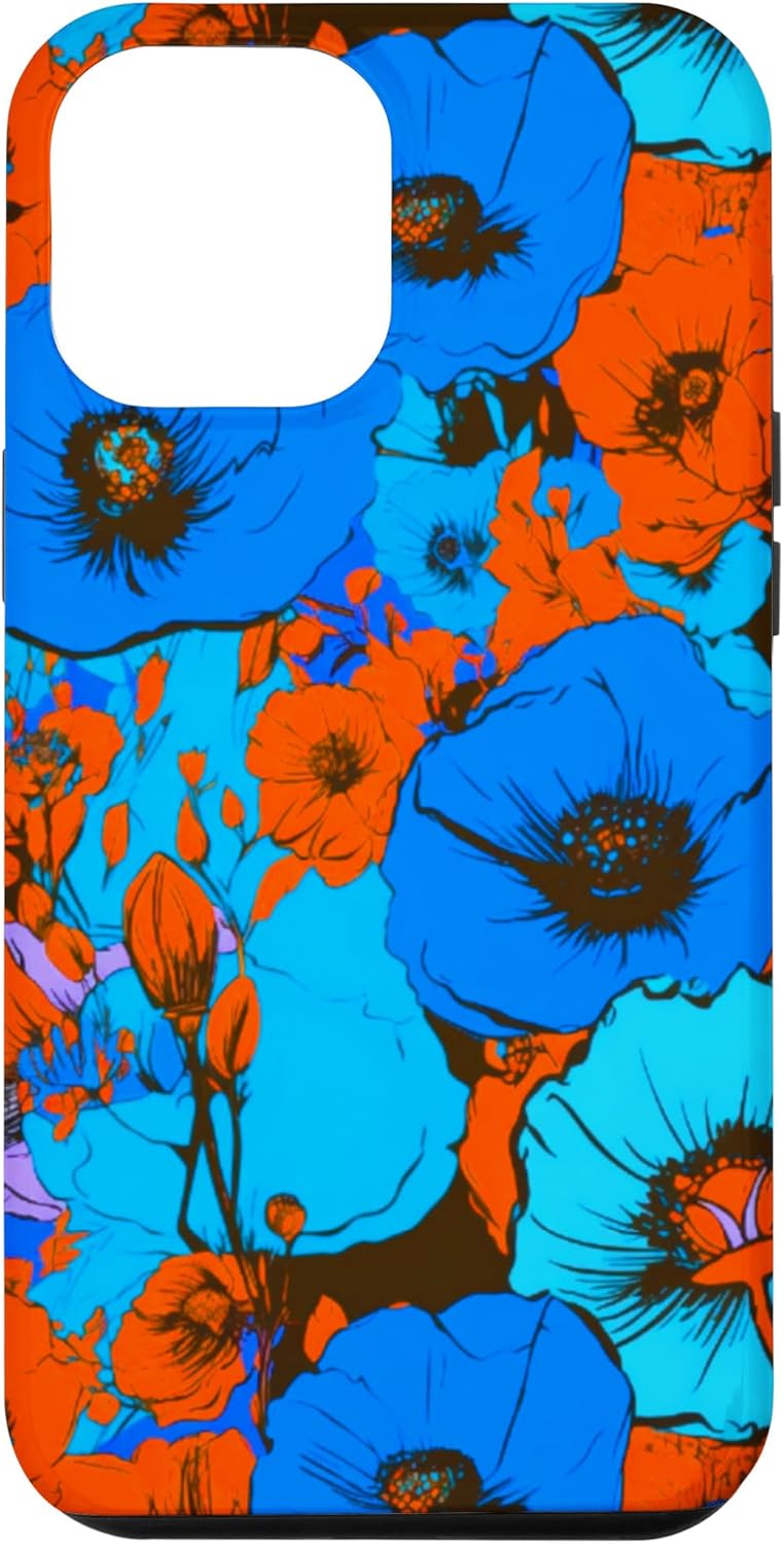 Funda para iPhone 13 Pro Max Pop Art Retro Floral Cobalto Azul Naranja Flor Diseño