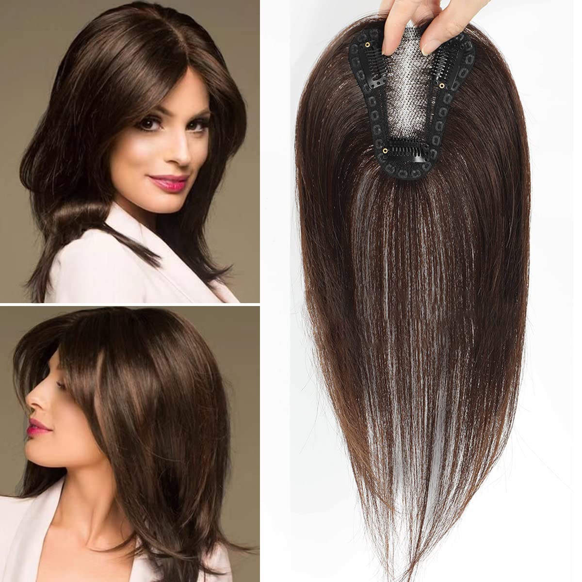Toppers de cabello humano real para mujer, sin flequillo, extensiones de cabello superior para pelucas de adelgazamiento, base de encaje mejorada,
