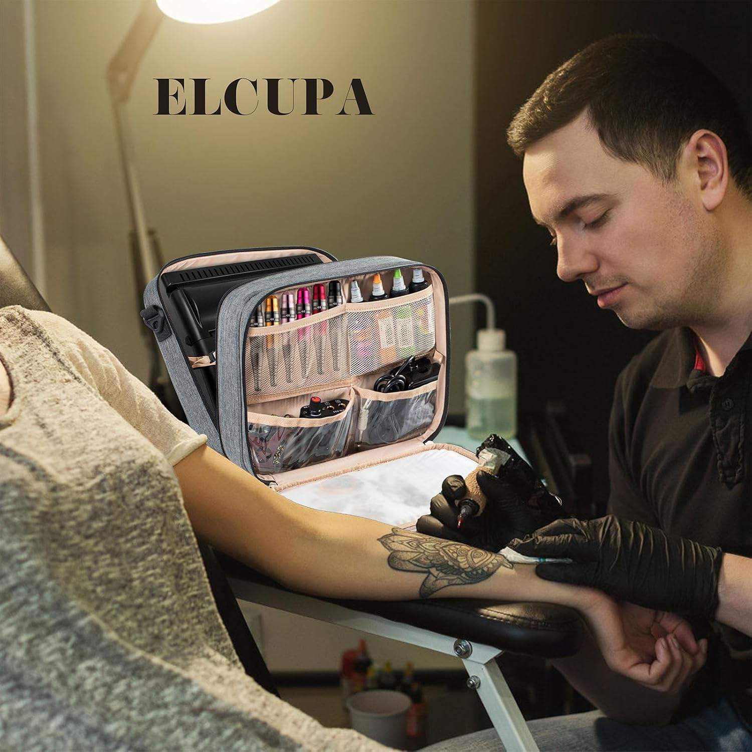 ELCUPA Estuche de transporte para tatuajes, organizador de suministros de tatuaje, bolsa de transporte para impresora de plantillas de tatuajes,