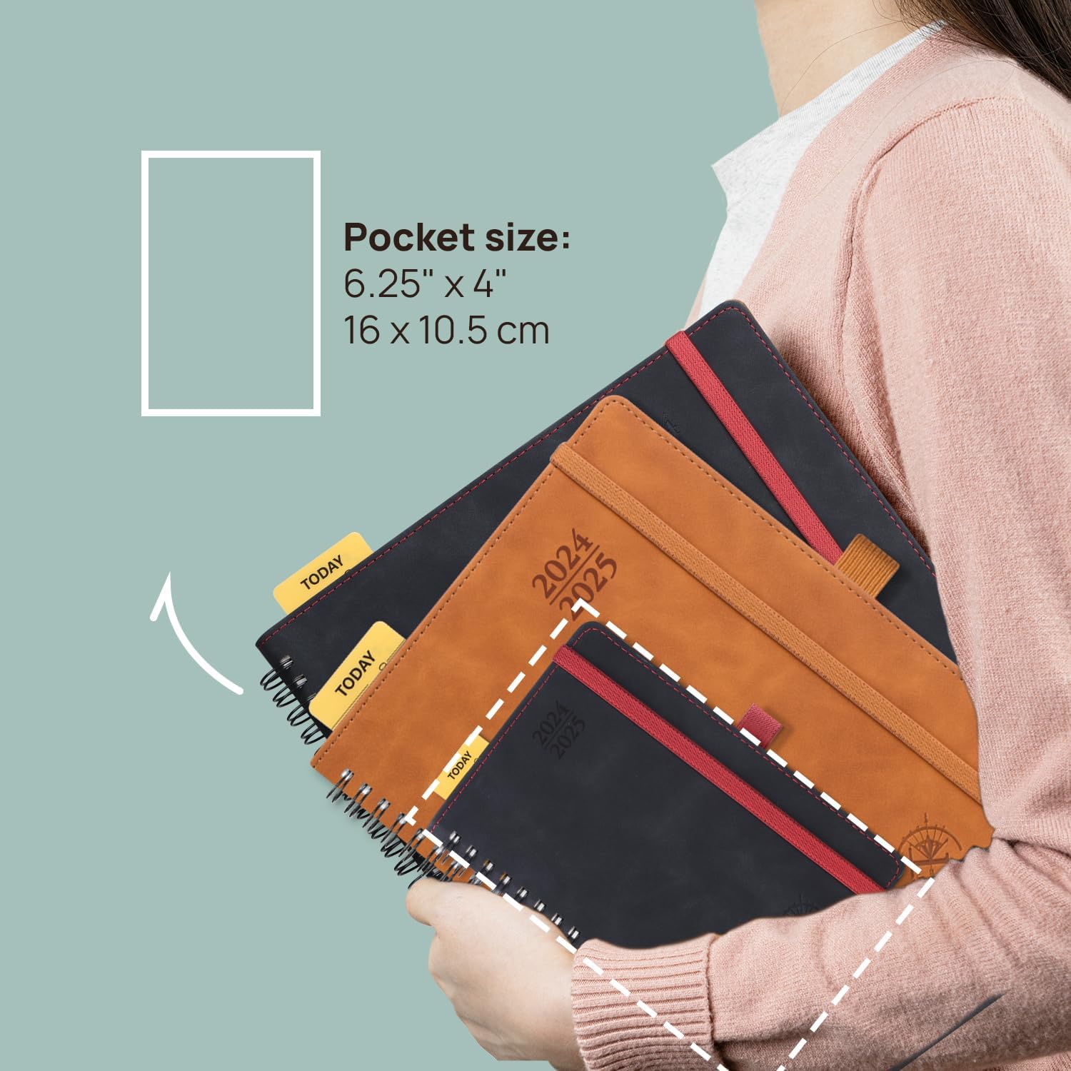 POPRUN Agenda semanal 2024-2025, tamaño de bolsillo, 4 x 6.25 pulgadas, calendario académico pequeño para bolso con cubierta suave en espiral, regla
