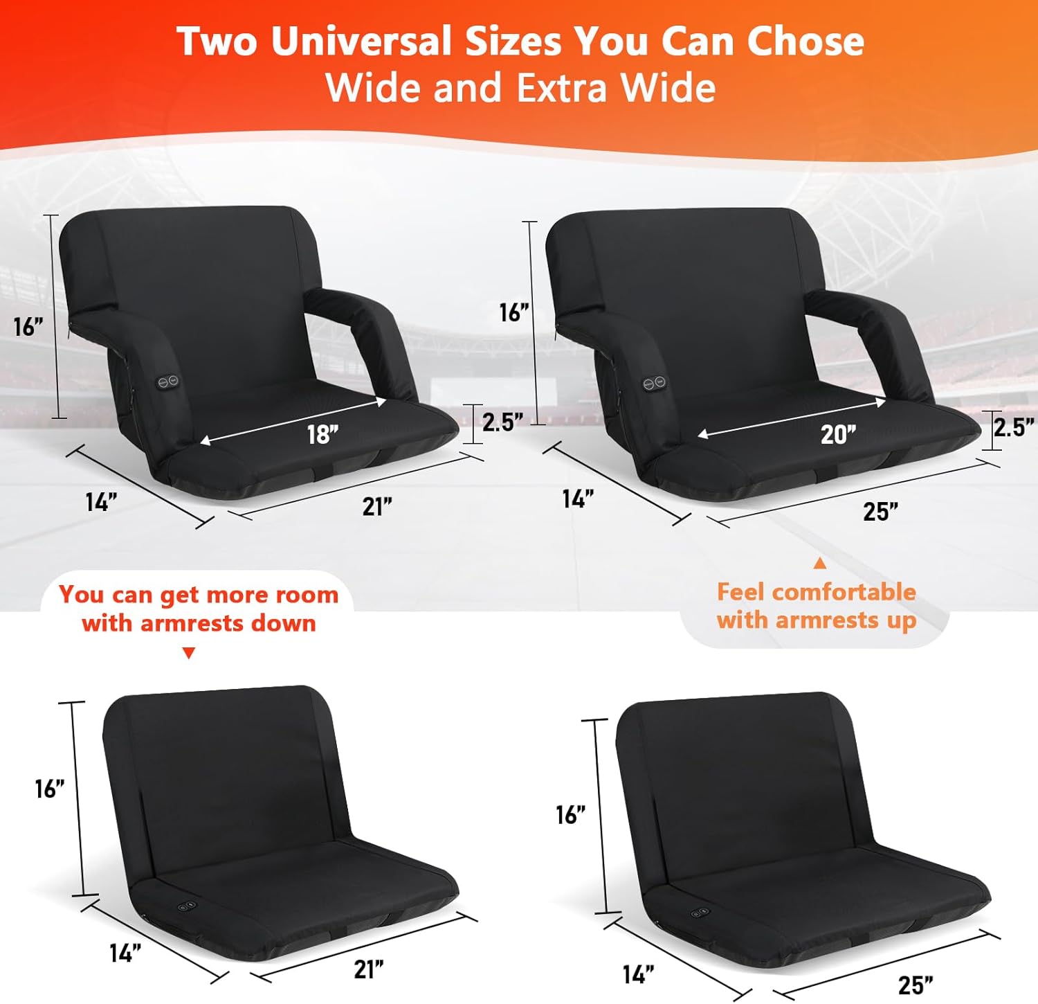 FONDGARI Double Heated Stadium Seats for Bleachers with Back & Arm Support – Built-in 3 Level Heater – 5 Pockets for Phone, Drinks, and Food
