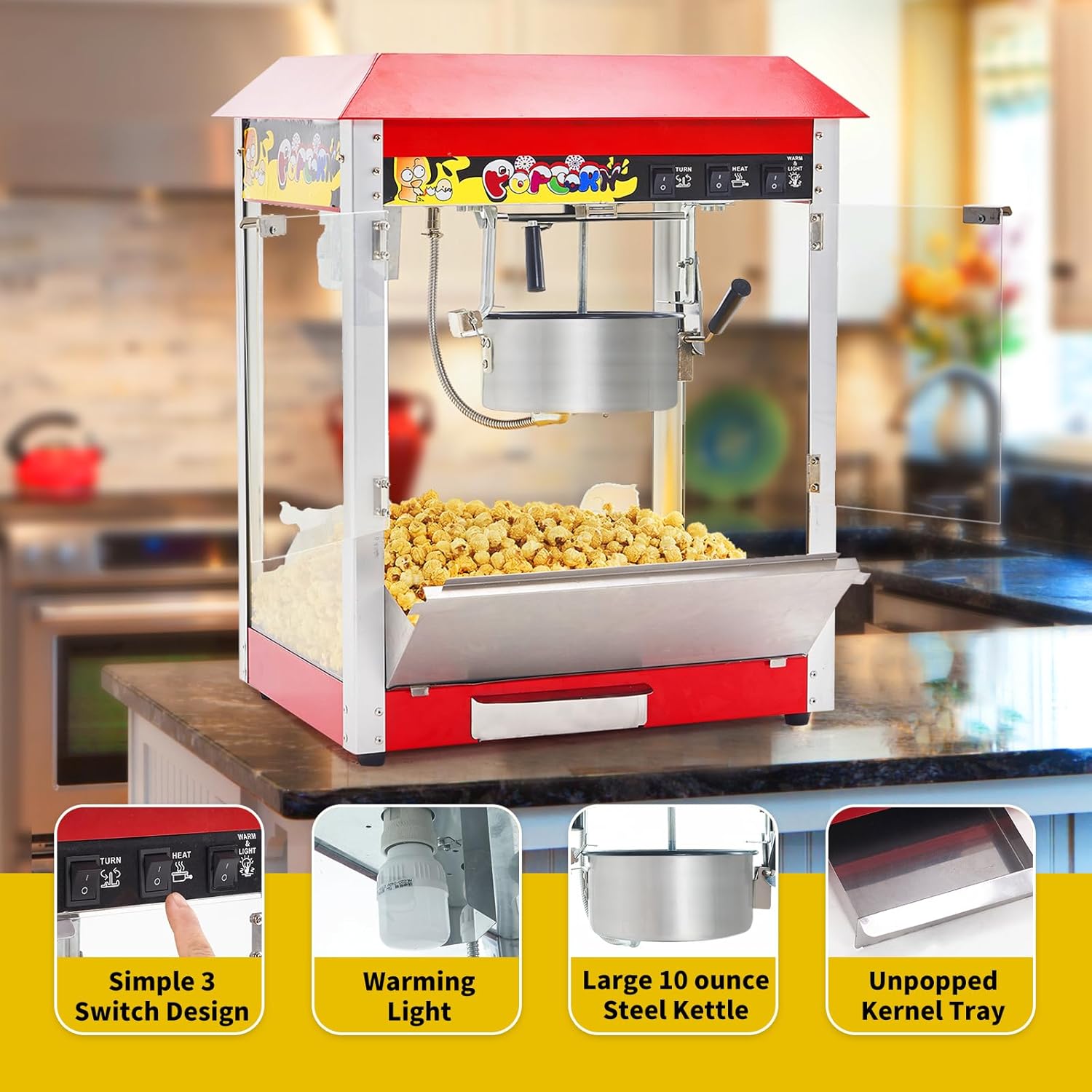 Máquina comercial de palomitas de maíz, hervidor de 10 onzas, máquina de palomitas de maíz para encimera de 1300 W para 60 tazas por lote, máquina