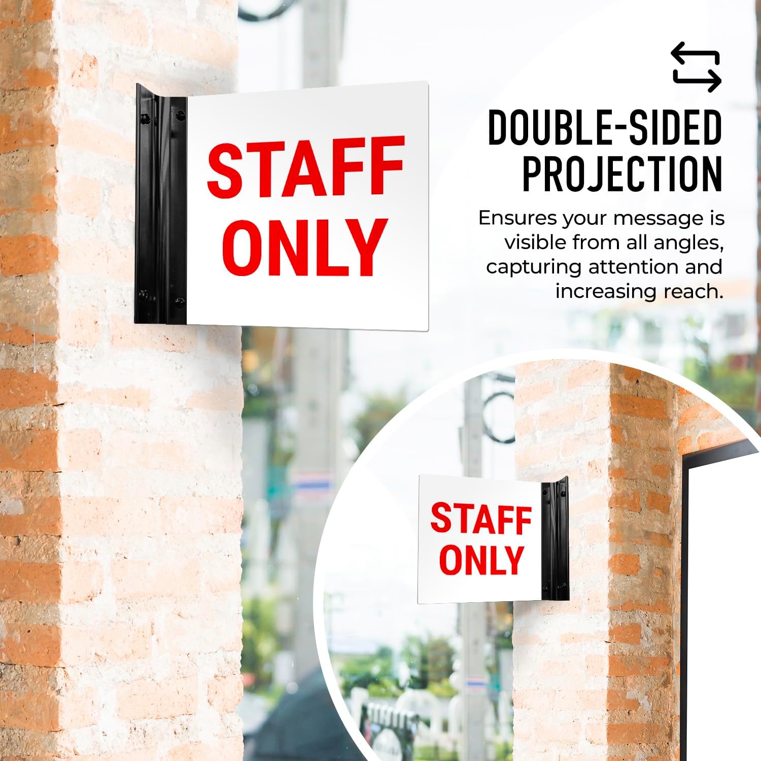 Staff Only Projecting Letrero de doble cara, 6×6 pulgadas, ACM, con accesorio negro satinado de níquel cepillado, fabricado en Estados Unidos
