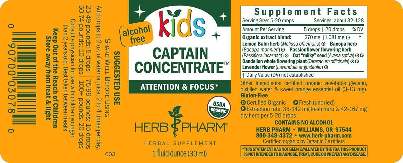 Herb Pharm Fórmula herbaria líquida concentrada de capitán orgánica certificada para niños, sin alcohol, 1 onza líquida