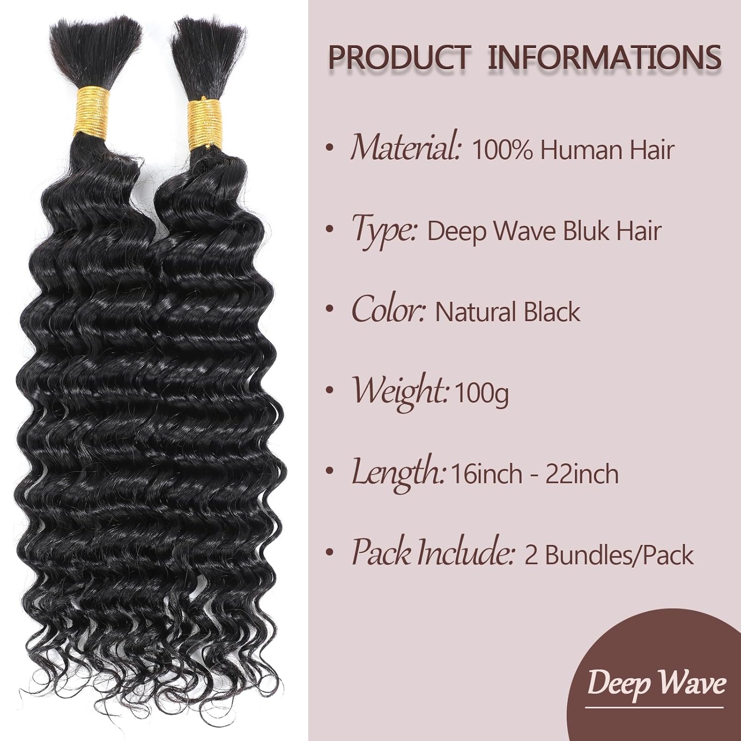 Cabello humano a granel para trenzar cabello humano ondulado profundo para trenzas bohemias, cabello rizado, sin trama, 2 trenzas por paquete, 3.53