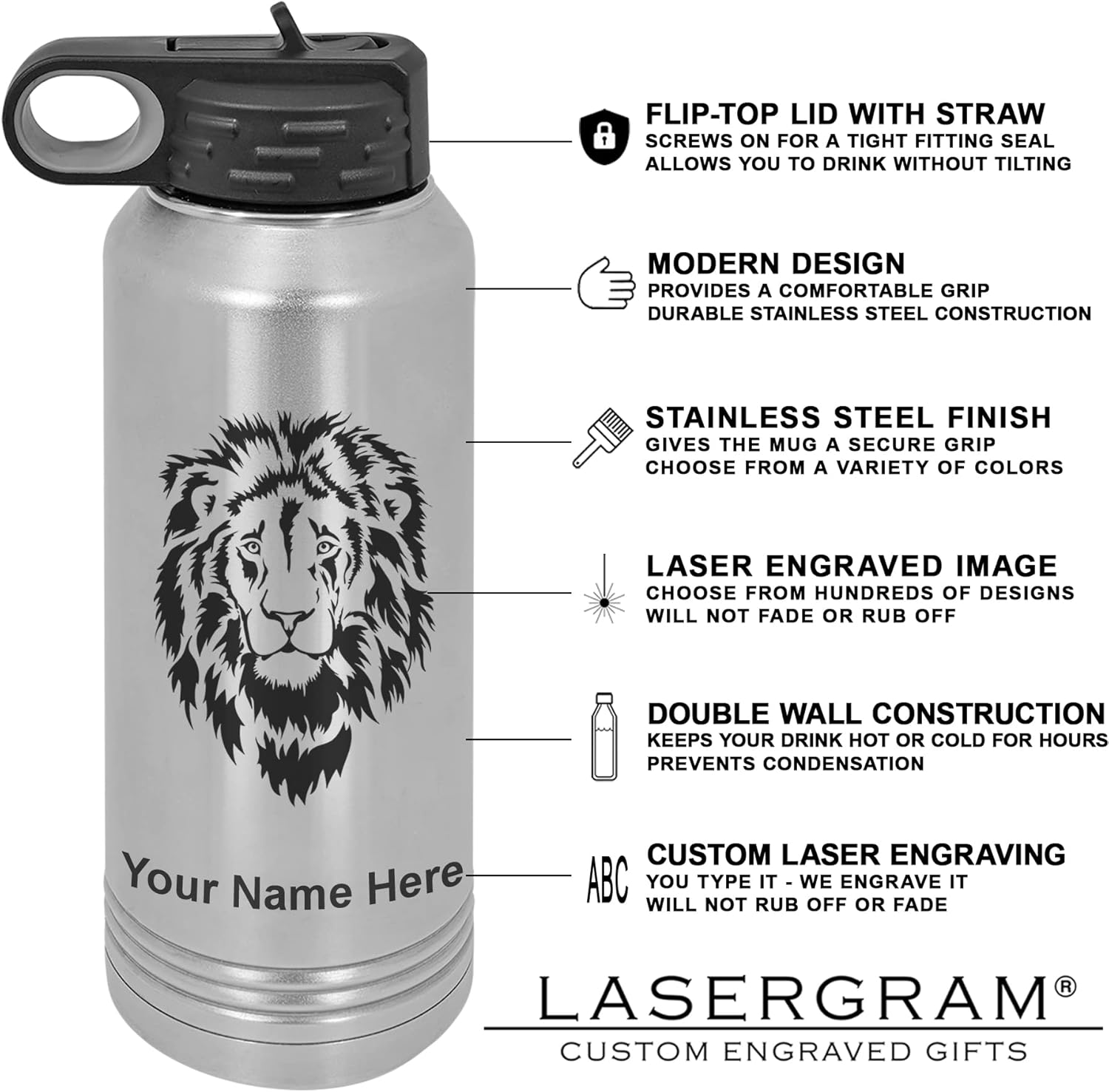 LaserGram Botella de agua de doble pared abatible de 32 onzas con pajilla, gato con mariposa, grabado personalizado incluido (acero inoxidable)
