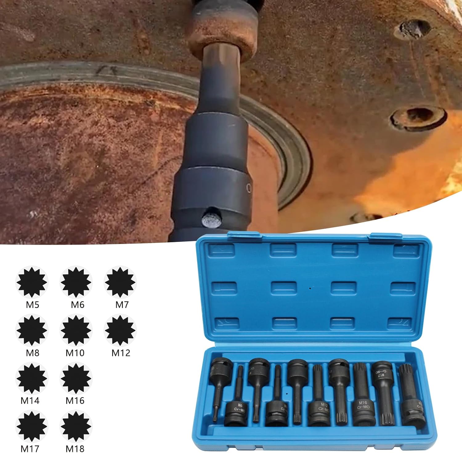 Juego de 10 piezas de 38 pulgadas M5 M6 M7 M8 M10 M12 M14 M16 M17 M18 Torx Star Driver Bit Set Drive Torx Bit Socket Set con estuche, Cr-Mo