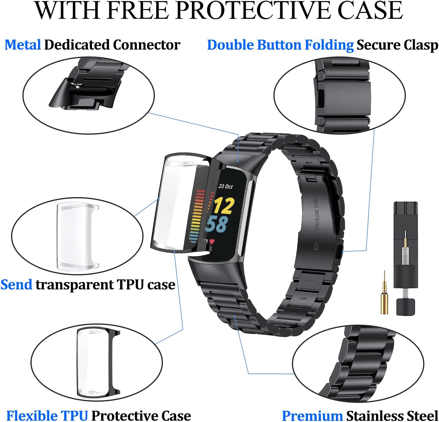 for Fitbit Charge 65 Metal Watch Band with Case, Stainless Steel Replacement Strap Compatible with Fitbit Charge 65 Wristband