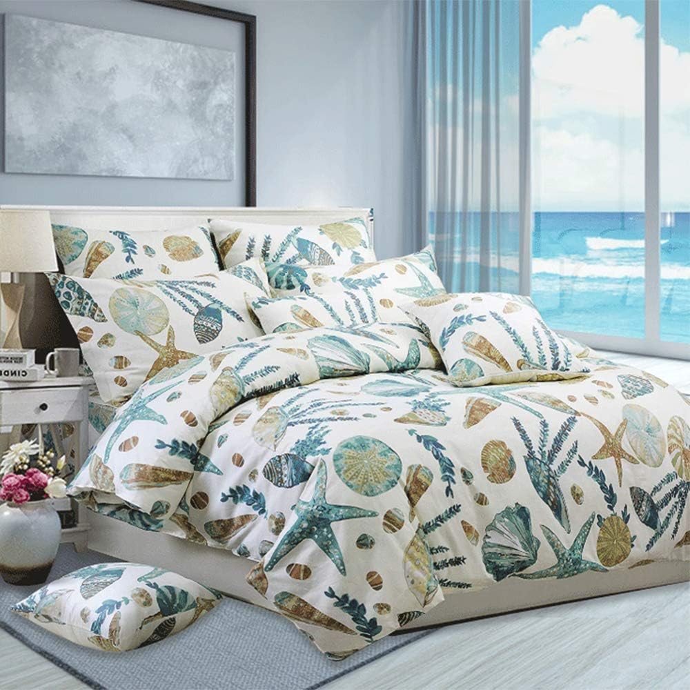 Juego de funda de edredón King, 100% algodón, suave ropa de cama costera de 3 piezas, diseño náutico de estrellas de mar y vida marina con cierre de