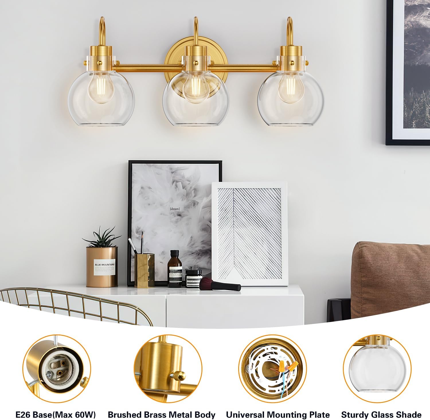 Lámpara de tocador de 3 luces, lámparas de baño de latón cepillado, apliques de pared de granja con pantalla de vidrio transparente de globo,