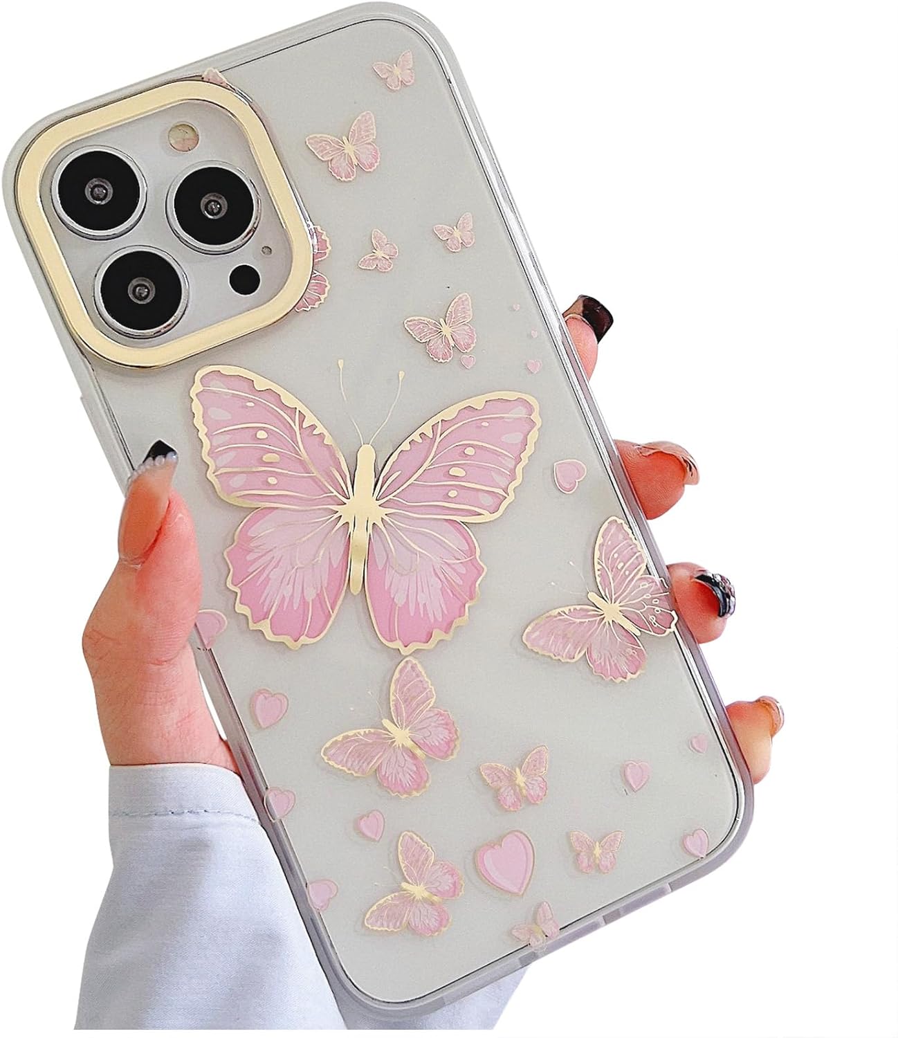 Funda transparente con purpurina para iPhone 15 Pro para mujeres y niñas, mariposas doradas, bonito patrón en forma de corazón, ajuste delgado,