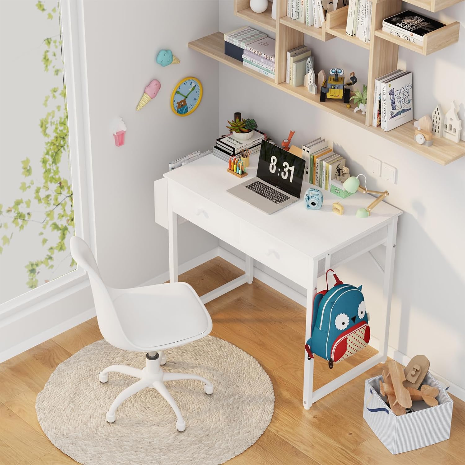 Lufeiya Escritorio pequeño blanco con cajones, para dormitorio, escritorio de computadora de oficina en casa de 32 pulgadas con cajón de