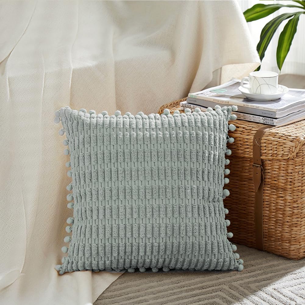 Fancy Homi Paquete de 2 fundas de almohada decorativas de granja azul grisáceo de 18 x 18 pulgadas con pompones para sofá y cama, decoración rústica