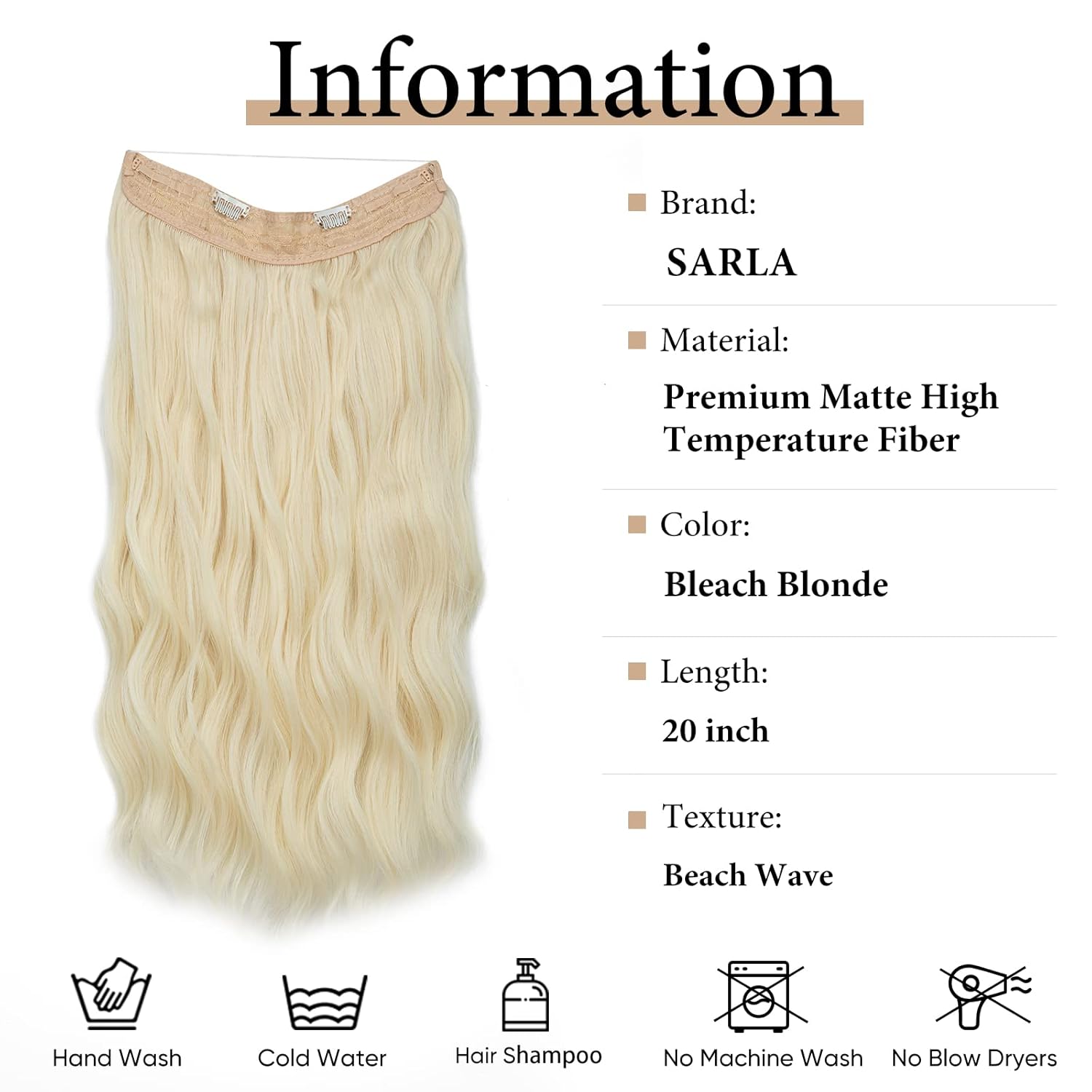SARLA Extensión de cabello con alambre invisible rubio decolorado con clips, extensión sintética larga de onda de playa con clip para mujer, tamaño